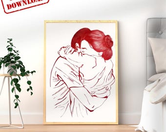 Impresión artística de pareja abrazándose, póster romántico con boceto rojo (descarga digital)