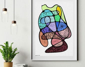 Lámina de arte neurográfico abstracto: formas orgánicas coloridas, dibujo lineal zen moderno (descarga digital).