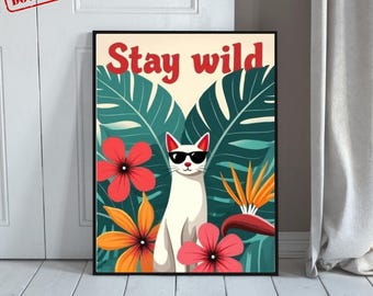 Lámina retro de gato, arte mural de selva tropical, póster de gato blanco con gafas de sol (descarga digital)