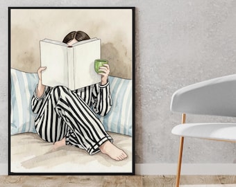 Impresión artística con ilustración acogedora de una mujer leyendo un libro (descarga digital)