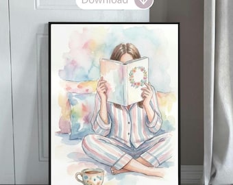 Lámina artística en acuarela "Niña leyendo en un ambiente acogedor", regalo para amantes de los libros (descarga digital).