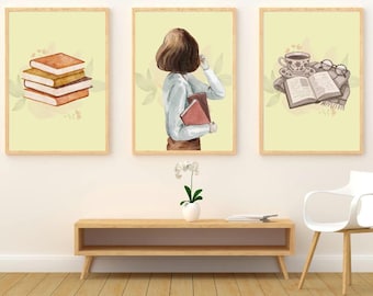 Conjunto de láminas de acuarela con una mujer leyendo, ideales para amantes de los libros y para decorar una biblioteca acogedora (descarga digital).