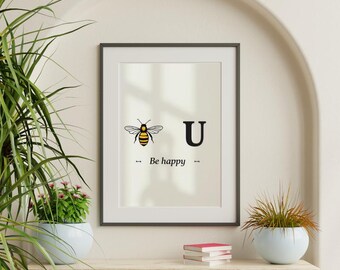 Abeja Feliz – Arte mural minimalista – Póster de abeja, cita motivacional (descarga digital)