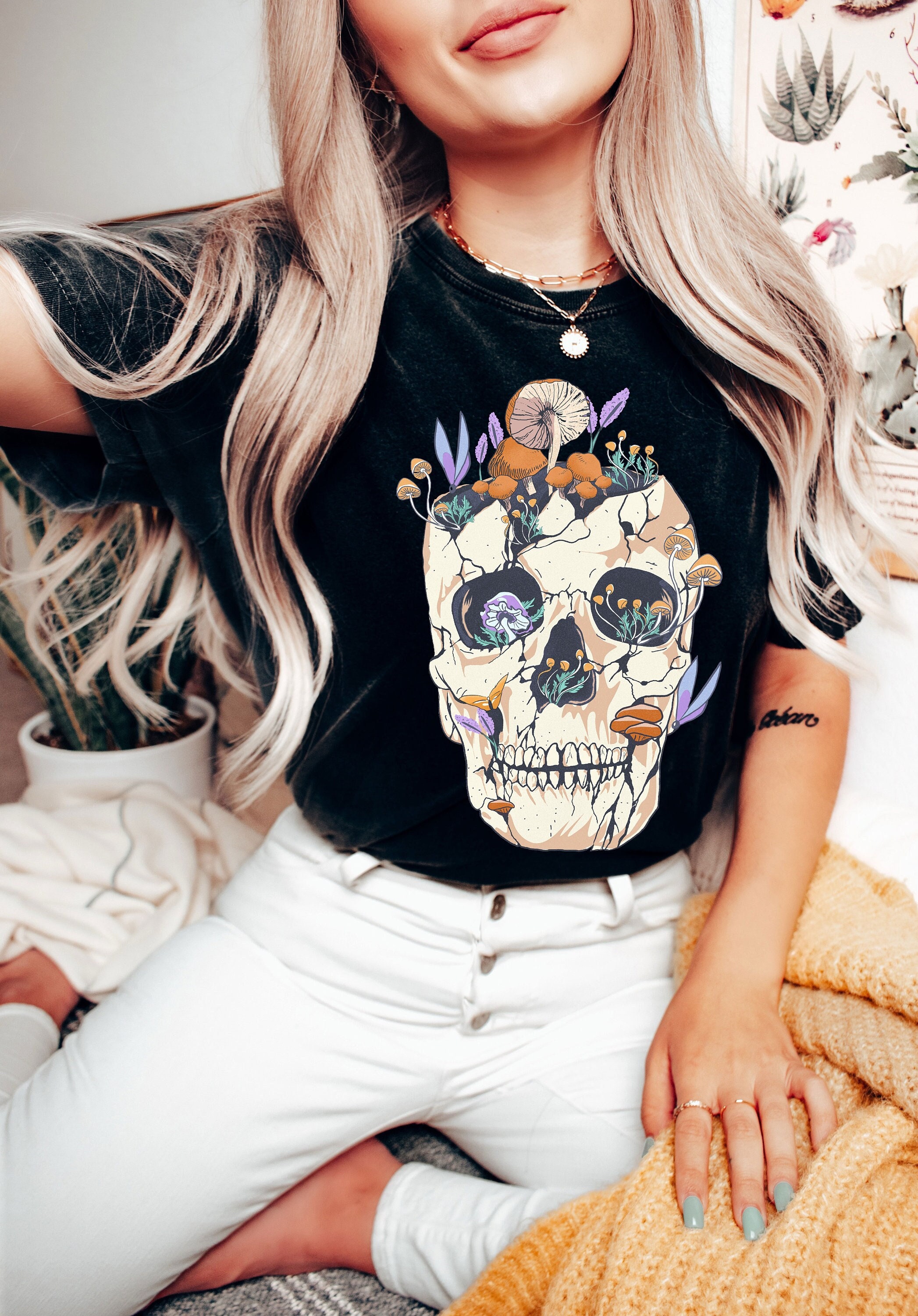 Discover Comfort Colors Skull Shirt, Skull With Mushrooms T Shirt