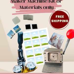 May include: A magnet maker kit with a red handle, a blue handle, and a silver base. The kit includes 100 magnet supplies, templates, and a user guide. The kit makes 5cm x 5cm magnets.