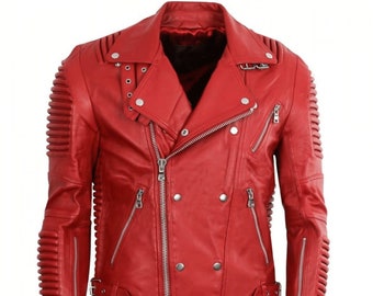 Veste en cuir de moto rouge Godspeed pour hommes | Cadeau de Noël | Veste en cuir rouge