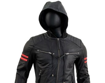 Veste à capuche amovible en cuir noir Biker Café Racer pour homme