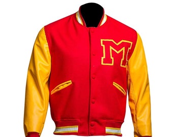 MJ Michael Jackson Thriller Jacket Red M Logo Varsity Letterman Bomber Jacket, Veste en laine, Manches en cuir