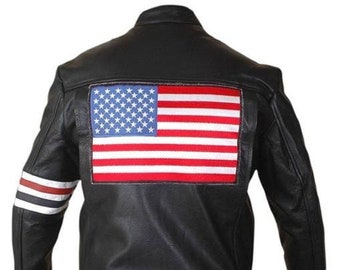 Captain America Flag Peter Fonda Easy Rider Black Leather Jacket