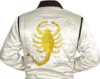 Ryan Gosling Drive Scorpion White Satin Lightweight Casual Bomber Varsity Sports Biker Drive Jacket