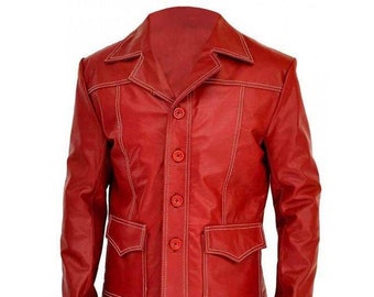 Mens Brad Pitt Fight Club Tyler Durden Coat Red Biker Leather Jacket