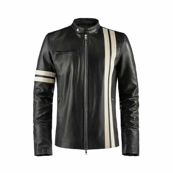 Driver San Francisco John Tanner Leather Jacket | Men's Vintage Biker Retro White Stripes Café Racer Motorcycle Black Leather Jacket