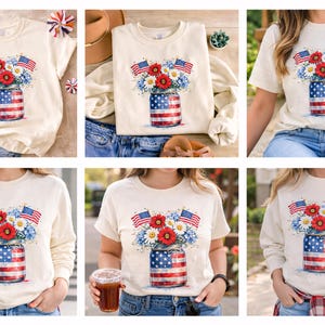 Amerikaanse vlag Mason Jar PNG, 4 juli bloemdessin, patriottische bloemen PNG, Independence Day-shirt, VS-sublimatie