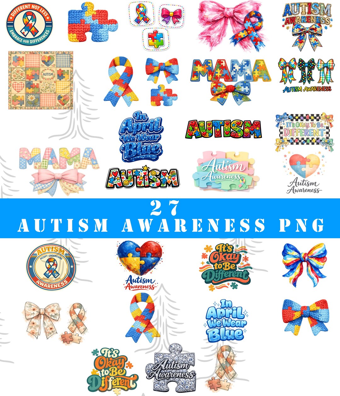 Autism Awareness PNG Bundle, Puzzle Piece, Coquette Bow, Retro ...
