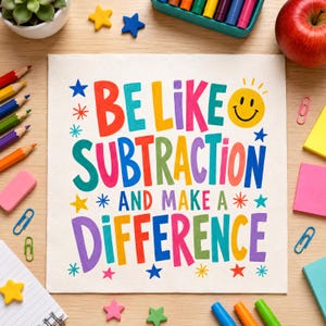 May include: A square white paper sign featuring the colourful text BE LIKE SUBTRACTION AND MAKE A DIFFERENCE. The design includes a yellow smiley face, various star and asterisk shapes in red, blue, green, and yellow, and a textured paper surface.