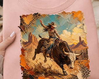 Westernrodeo, png, ontwerp cowgirl stierrijden, penseelstreekkunst luipaard (digitale download)