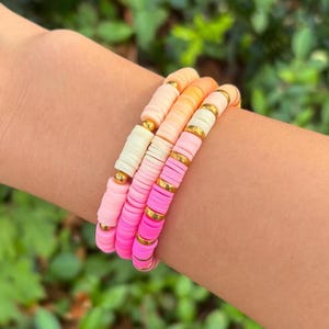 Handmade Sunset Beaded Bracelet Set, Clay Beaded Bracelet, Gift for Her, Vacation Jewelry, Beach, Sunrise, Bracelet Stack, Gold Bead