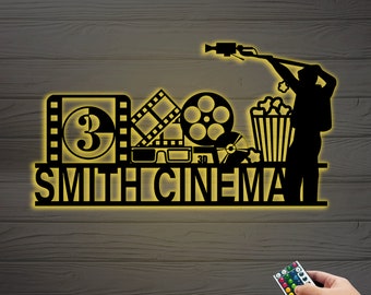 Personalized Movies and Popcorn with LED Light Metal Wall Art,Custom Home Theater,Home Theater Name Sign,Home Decor,Wall Decor,Birthday Gift