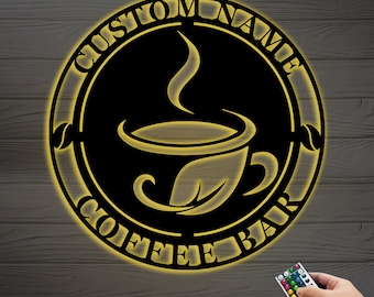 Personalisiertes Kaffee-Metall-Wandschild mit LED-Licht, Kaffee-Liebhaber-Geschenk, Küche-Zeichen, personalisiertes Metall-Kaffee-Zeichen, Metall-Wandkunst, Kaffee-Bar-Zeichen