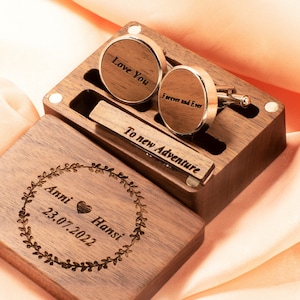 Personalized  Walnut Cufflinks Box, Custom Engraved Round Cufflinks, Unique Wedding Cufflinks Gift for Groom