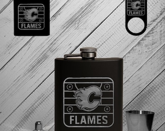 Calgary Flames, 5-piece flask set, Customize, Personalized, 8oz, Black Powder Coated Flask, Stainless Steel