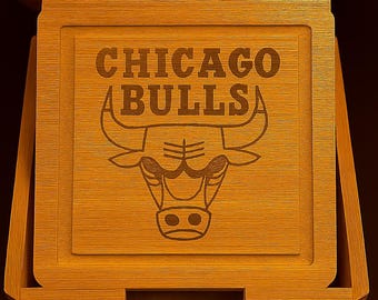 Engraved Chicago Bulls Bamboo Coaster Set, USA Made