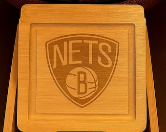Engraved, Brookly Nets, NBA 5-Piece Coaster Set with holder Bamboo Meets Loyalty,