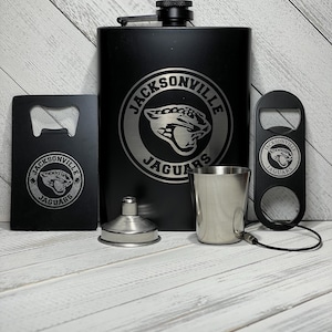 Jacksonville Jaguars Personalized, Custom, 5 Piece Flask Set Engraved to Perfection. Your Stainless-Steel Laser Engraved Images Will Shine.