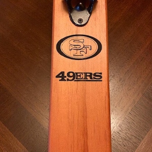 Personalized Custom Engraved San Francisco 49ers, Engraved, Bottle Opener, Solid Wood,Enjoy (The New added MAGNETIC Cap Catcher Bucket).