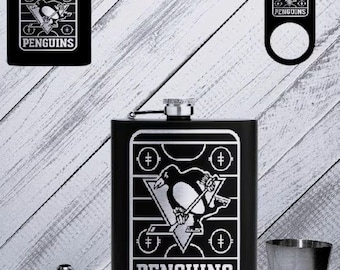 Pittsburg Penguins Customize, Personalized, 8oz, Black Powder Coated Flask, Stainless Steel 5-piece flask set