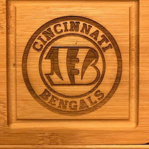 Cincinati Bengals, Engraved, Bamboo Coasters Set of 4 Coasters with Holder, Housewarming Gift, Gift Wedding Decor Made in Colorado