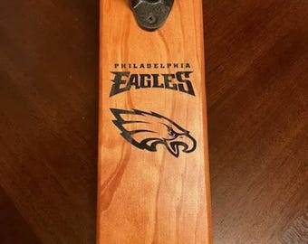 Philadelphia Eagles Engraved Bottle Opener: Solid Wood with Magnetic Cap Catcher