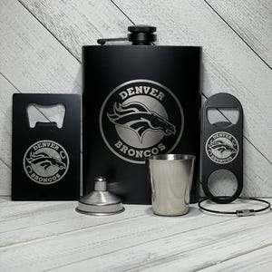 Denver Broncos gift, Personalized, Custom, 5 Piece Flask Set Engraved to Perfection. Your Stainless-Steel Laser Engraved Images Will Shine.
