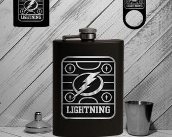 Tampa Bay Lightning Flask Set, Engraved Black Powder Coated Stainless Steel, Personalized Gift