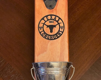 Texas Longhorns Bottle Opener: Engraved Wood, stand alone or Wall Mountable