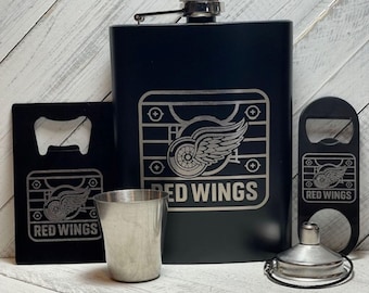 Personalized Detroit Red Wings Flask, Engraved Black Powder Coated Stainless Steel