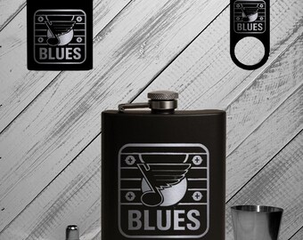 St. Louis Blues, Black Powder Coated Flask, Personalized Stainless Steel Gift Set