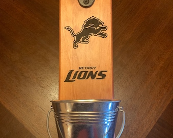 Detroit Lions Engraved Wood Bottle Opener with Magnetic Cap Catcher