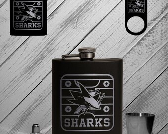 Personalized San Jose Sharks Flask, Engraved Black Powder Coated Stainless Steel, 8oz