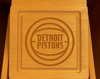 Engraved Detroit Pistons Bamboo Coaster Set, NBA Fan Gift