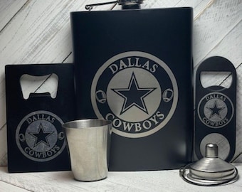 Personalized Dallas Cowboys Flask Set: Engraved Stainless Steel, 8oz