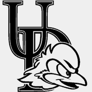 May include: Black and white graphic of a stylized bird with an angry expression, positioned next to a large letter "U". The bird has sharp features and a detailed design. The letter "U" is bold and prominent.