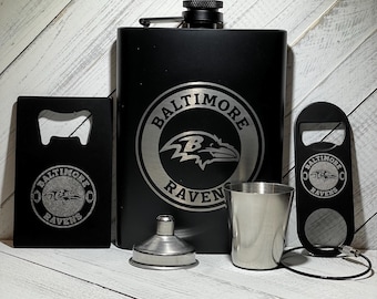Personalized Baltimore Ravens Flask Set: Engraved Stainless Steel, Sports Fan Gift