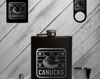 Vancouver Canucks, Customize, Personalized, 8oz, Black Powder Coated Flask, Stainless Steel 5-piece flask set
