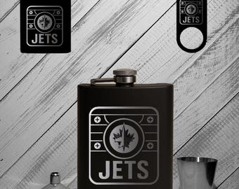 Winnipeg Jets, Customize, Personalized, 8oz, Black Powder Coated Flask, Stainless Steel 5-piece flask set
