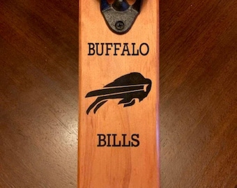 Personalized Buffalo Bills Bottle Opener: Solid Wood with Magnetic Cap Catcher