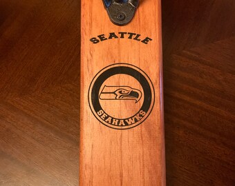 Seattle Seahawks, Engraved, Bottle Opener, Solid Wood, Customize, Personalized, Enjoy (The New added MAGNETIC Cap Catcher Bucket).