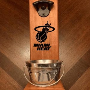 Miami Heat, Personalized, Engraved, Bottle Opener, Solid Wood,  Enjoy (The New added MAGNETIC Cap Catcher Bucket).