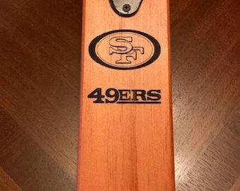 San Francisco 49ers Bottle Opener: Engraved Wood with Magnetic Cap Catcher