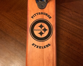 Personalized Pittsburgh Steelers Bottle Opener: Solid Wood with Magnetic Cap Catcher